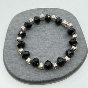 Black Faceted Bead Rhinestone Stretch Bracelet Silver Tone Gothic Statement